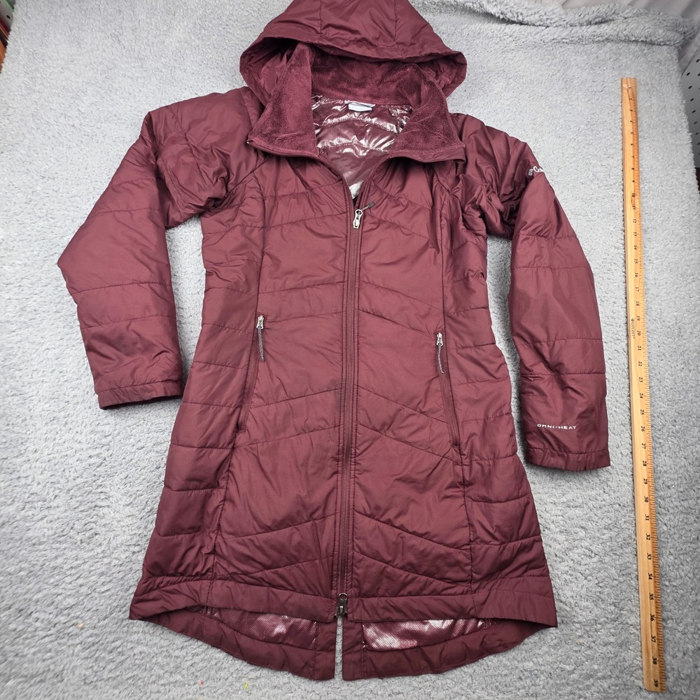 Columbia Heavenly Long Hooded Jacket Women Small Burgundy Omni-Heat Puffer Coat